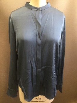 Womens, Blouse, VINCE, Slate Blue, Silk, Solid, 2, Band Collar, Button Front, Hidden Placket, Long Sleeves,