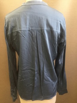 Womens, Blouse, VINCE, Slate Blue, Silk, Solid, 2, Band Collar, Button Front, Hidden Placket, Long Sleeves,