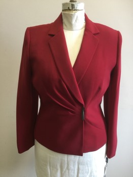 TAHARI, Dk Red, Polyester, Solid, Double Breasted with Silver Bar That Snaps to Other Side,  Radiating Pleats From Silver Bar, Collar Attached, Notched Lapel,