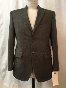 JIMMY AU'S, Brown, Black, Wool, Heathered, Herringbone, Notched Lapel, Collar Attached, 2 Buttons,  3 Pockets,