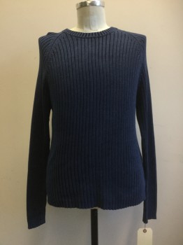 Mens, Pullover Sweater, ARIZONA, Navy Blue, Cotton, Solid, L, Navy, Ribbed, Crew Neck, Long Sleeves,