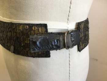 Unisex, Sci-Fi/Fantasy Belt, MEXX, Black, Copper Metallic, Faux Leather, Sequins, Solid, L, Solid Black Polyurethane, Lines of Multi Sized Brass and Copper Sequins