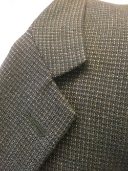 HICKEY FREEMAN, Dk Olive Grn, Brown, Charcoal Gray, Beige, Wool, Grid , Check , Dark Olive/Brown/Charcoal/Beige Woven Grid/Check Pattern, Single Breasted, Notched Lapel, 2 Buttons, 3 Pockets, Solid Dark Brown Lining