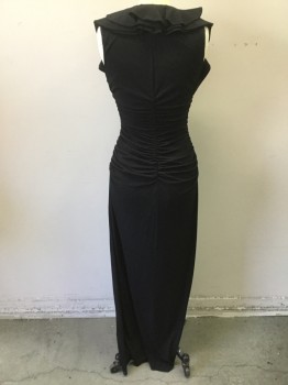 LAUNDRY, Black, Polyester, Solid, Low Square Neck, Double Ruffle Cap Sleeves, Side Zipper, Rouched Sides and Center Back, Body Contour, Floor Length