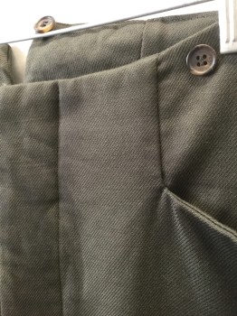Mens, Historical Fiction Pants, N/L, Olive Green, Wool, Solid, I:Open, W:38, Ribbed Texture, Flat Front, Button Fly, 2 Angled Front Pockets, Suspender Buttons at Outside of Waist, Belted Back, Historical Reproduction