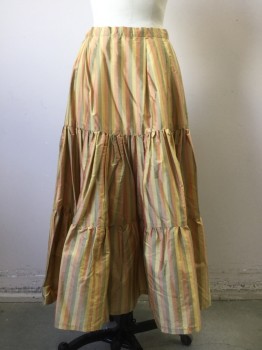 Womens, Historical Fiction Skirt, MTO, Goldenrod Yellow, Faded Red, Charcoal Gray, Silk, Stripes - Vertical , + Ext, 27, Gathered Tiered Skirt, Pleated at Waistband, Hook & Eyes and Snap Back, Hem Below Knee