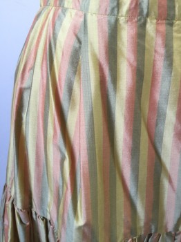 MTO, Goldenrod Yellow, Faded Red, Charcoal Gray, Silk, Stripes - Vertical , Gathered Tiered Skirt, Pleated at Waistband, Hook & Eyes and Snap Back, Hem Below Knee