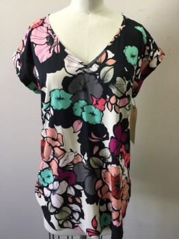 Womens, Shell, EXPRESS, Black, Cream, Magenta Pink, Aqua Blue, Blush Pink, Polyester, Spandex, Floral, S, Cap Sleeve, Pull Over V-neck, Multicolor