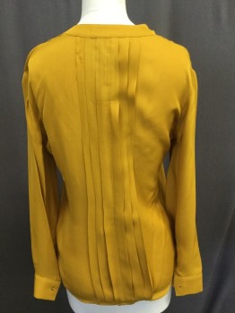 L'AGENCE, Mustard Yellow, Silk, Solid, V-neck, Pleated Front/back, Band Collar, Long Sleeves,