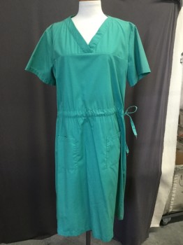 ANGELICA, Green, Cotton, Polyester, Solid, V-neck, Short Sleeves, Drawstring Waist, Patch Pockets