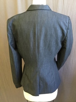 Womens, Blazer, CALVIN KLEIN, Charcoal Gray, Polyester, Rayon, Stripes - Vertical , 4, Charcoal Gray with Self Faint/uneven Vertical Stripes, Solid Dark Gray Lining, Notched Lapel, Single Breasted, 1 Large Metal Silver Button Front, 3 Pockets, Long Sleeves, 1 Split Back Center Hem