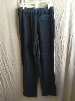 Mens, Sweatsuit Pants, NORM THOMPSON, Navy Blue, Silver, Cotton, Polyester, Solid, Stripes - Vertical , XL, Pants:  1.5" Elastic Waistband with Navy D-string, Zip Front, 2 Side Pockets, 1 Silver Piping Side Stripe
