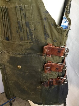 Mens, Vest, FOX 700, Olive Green, Brown, Cotton, Leather, Solid, 38, Crew Neck, Belt with Metal Snap, Broken Zip Front, 4 Pockets with Flap, Overlay Brown Piece Leather with Stitches and Lacing Work Detail Over Shoulder and Back, 6 Side Short Brown Leather Belt with Buckle (Pac-man Fabric Lining)