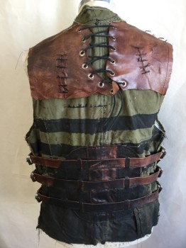 Mens, Vest, FOX 700, Olive Green, Brown, Cotton, Leather, Solid, 38, Crew Neck, Belt with Metal Snap, Broken Zip Front, 4 Pockets with Flap, Overlay Brown Piece Leather with Stitches and Lacing Work Detail Over Shoulder and Back, 6 Side Short Brown Leather Belt with Buckle (Pac-man Fabric Lining)