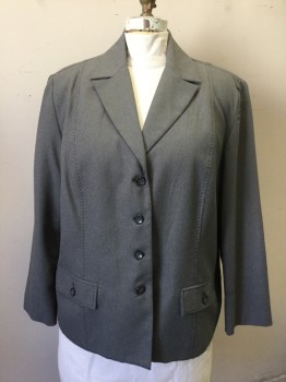 Womens, Blazer, ALFRED DUNNER, Charcoal Gray, Lt Gray, Polyester, Birds Eye Weave, 20, Charcoal with Light Gray Dotted Weave, Single Breasted, Notched Lapel, 4 Buttons, 2 Flap Pockets with Button Closures, Black Decorative Topstitching
