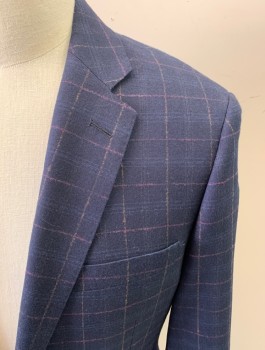 J. CREW, Navy Blue, Raspberry Pink, Orange, Lt Blue, Wool, Elastane, Grid , Navy with Raspberry/Orange and Light Blue Grid, Single Breasted, Collar Attached, Notched Lapel, 3 Pockets, 2 Buttons,  Hand Picked Collar/Lapel