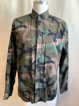 VALENTINO, Green, Olive Green, Black, Brown, Cotton, Camouflage, Button Front, Hidden Placket, Collar Attached, Long Sleeves, Button Cuff