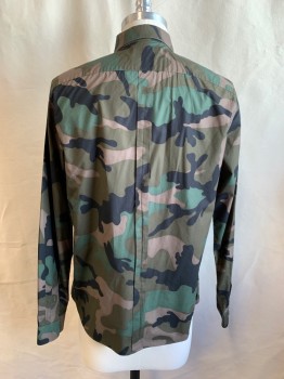 VALENTINO, Green, Olive Green, Black, Brown, Cotton, Camouflage, Button Front, Hidden Placket, Collar Attached, Long Sleeves, Button Cuff