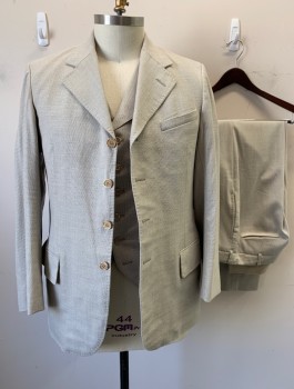 SIAM COSTUMES , Taupe, Linen, Solid, Single Breasted, Notched Lapel with Hand Picked Stitching, 4 Buttons, 3 Pockets, Made To Order