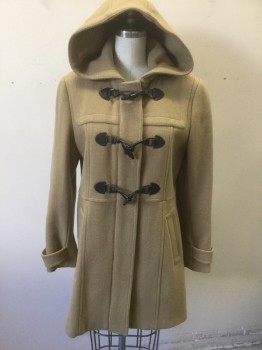 LONDON FOG , Beige, Black, Wool, Nylon, Solid, Beige Thick Wool with 3 Black Faux Leather Loops with Black Plastic Toggles, Hidden Zip Closure at Center Front, 2 Hip Pockets, Hooded, Just Below Hip Length