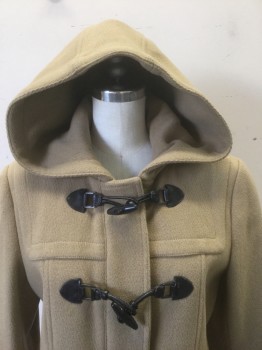 LONDON FOG , Beige, Black, Wool, Nylon, Solid, Beige Thick Wool with 3 Black Faux Leather Loops with Black Plastic Toggles, Hidden Zip Closure at Center Front, 2 Hip Pockets, Hooded, Just Below Hip Length