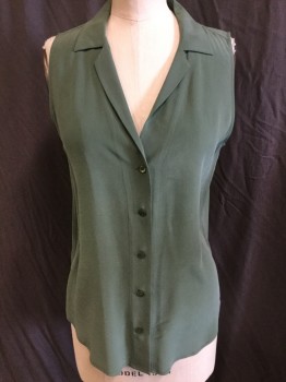 EQUIPMENT , Green, Silk, Solid, Slate Dark Sage Green, Notched Lapel, Button Front, Sleeveless,