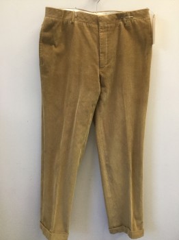 Mens, Casual Pants, POLO, Tan Brown, Cotton, Solid, 31, 34, Corduroy, Flat Front, 2 Welt Pocket, Cuffed
