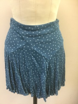 Womens, Skirt, Mini, N/L, Slate Blue, White, Rayon, Calico , W:25, Gauze with Tiny White Dots/Shapes, Bias Cut Zig Zagged Seam Across Hips, with Triangular Godet Panels, Invisible Zipper