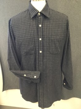 Mens, Historical Fiction Shirt, VENICE CUSTOM SHIRTS, Gray, Navy Blue, Wool, Plaid, 35, 17, Long Sleeves, Collar Attached, Small Scale Plaid with Faint White Grid Lines, 2 Patch Pockets, Button Placet Only Funtional at Upper 4 Buttons, Rest is Faux