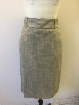 Womens, Skirt, Knee Length, BANANA REPUBLIC, Taupe, Brown, Wool, Viscose, 2 Color Weave, 0, Pencil Skirt, 2.5" Wide Self Waistband with Belt Loops, 2 Side Pockets, Invisible Zipper at Center Back, with 2 Brown and Gold Buttons at Center Back Waist