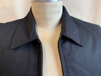 Mens, Casual Jacket, DlCKIES, Black, Polyester, Cotton, Solid, S, Collar Attached, Shinny Black Nylon Diamond Quilt Lining, Zip Front, 2 Slant Pockets, Long Sleeves (w/ 1 Pocket on Left Sleeve), 2 Short Belt & 4 Buttons on Waistband Back