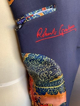 ROBERT GRAHAM, Navy Blue, Wool, Solid, Single Breasted, Notched Lapel, 2 Buttons, 3 Pockets, Very Colorful Paisley Silk Lining