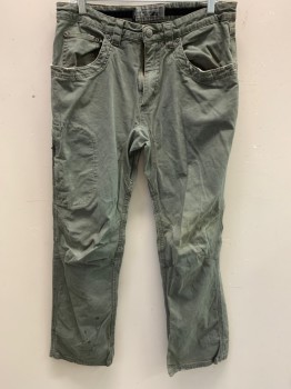 Mens, Casual Pants, MOUNTAIN KAHKIS, Sage Green, Cotton, Solid, I29, W31, Nicely Aged, 5 Pockets + Side Zip Pocket, Work Pant, Duck, Darts at Knees, Belt Loops, Back Yoke