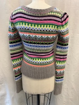 JUICY COUTURE, Gray, Bubble Gum Pink, Black, Yellow, Green, Wool, Angora, Abstract , Crew Neck, Knit, Horizontal Pattern, Ribbed Waist & Cuffs