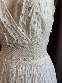 Womens, Dress, Sleeveless, LEIFNOTES, White, Cotton, Solid, 2, Eyelet Lace, Surplice Top, Mesh Waistband with Netting Overlay, Ruffle Hem, White Floral Embroidered Ribbon Detail, Side Zip