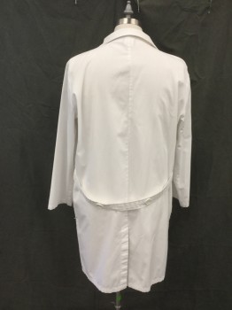 SALUS, White, Poly/Cotton, Solid, Single Breasted, Collar Attached, Notched Lapel, Long Sleeves, 3 Pockets, 4 Buttons, 2 Side Seam Pocket Holes, Attached Button Back Belt