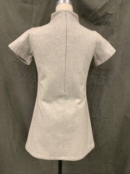 GREEN TEA, Lt Gray, Polyester, Cotton, Heathered, Stand Collar, External Seams, Pleated Waist, Pleated Horizontally From Side Seam,  Pleated Short Sleeves, Zip Back, Hem Above Knee