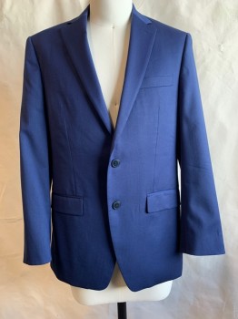Mens, Suit, Jacket, CALVIN KLEIN, Navy Blue, Wool, Solid, 38 R, Notched Lapel, Collar Attached, 2 Buttons,  3 Pockets,