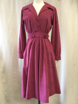 MISS SANDY, Raspberry Pink, Synthetic, Solid, Like Ultra Suede But More Minky, 2 Btns, Open Collar Attached, Buckle Waist Detail, 2 Pockets, L/S,