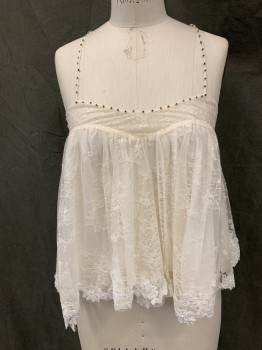 ZADIG & VOLTAIRE, White, Polyamide, Floral, Solid, Floral Lace Over Solid White, V-neck, Spaghetti Straps with Rhinestones Detail Crossover Back, Sheer Yoke, Gathered Baby Doll Shirt