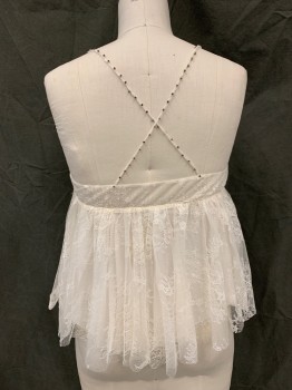 Womens, Top, ZADIG & VOLTAIRE, White, Polyamide, Floral, Solid, S, Floral Lace Over Solid White, V-neck, Spaghetti Straps with Rhinestones Detail Crossover Back, Sheer Yoke, Gathered Baby Doll Shirt