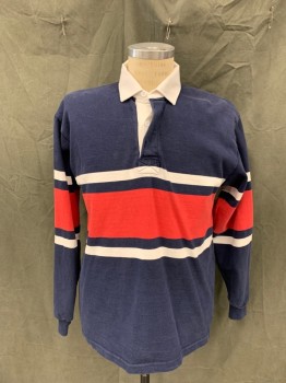 BARBARIAN, Navy Blue, White, Red, Cotton, Stripes, White Collar, 2 Button Hidden Placket, Long Sleeves, Ribbed Knit Cuff