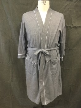Mens, Bathrobe, FRUIT OF THE LOOM, Medium Gray, Polyester, Solid, O/S, Waffle Knit, Open Front, 3/4 Sleeve, White Piping, 2 Pockets, Self Belt Attached at Back Waist, Belt Loops