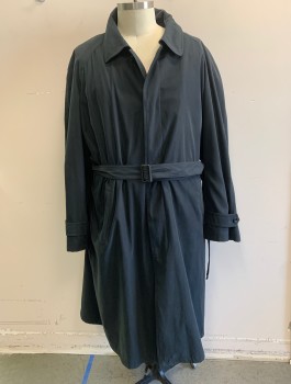 Mens, Coat, Trenchcoat, CHRISTIAN DUMAS, Black, Cotton, Acetate, Solid, 60L, Single Breasted, Covered Button Placket, Collar Attached, 2 Welt Pockets, **With Matching Belt & Removable Liner