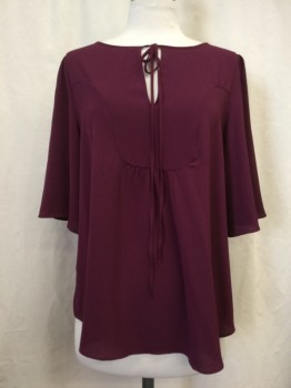 ANN TAYLOR, Red Burgundy, Polyester, Solid, Self Tie Neck, Short Sleeves,