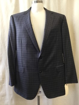 SAKS 5TH AVE, Heather Gray, Navy Blue, Brown, Wool, Plaid, Notched Lapel, Collar Attached, 2 Buttons,  3 Pockets,