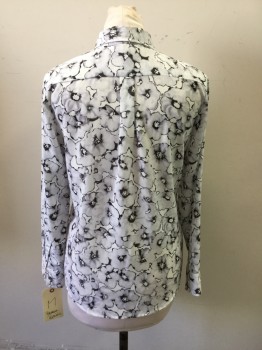 BANANA REPUBLIC, White, Black, Gray, Lavender Purple, Polyester, Floral, Long Sleeves, Button Front, Collar Attached,