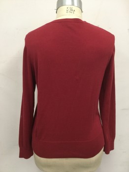 LOFT, Red, Cotton, Solid, Button Front, Crew Neck, Long Sleeves, Ribbed Knit Neck/Waistband/Cuff