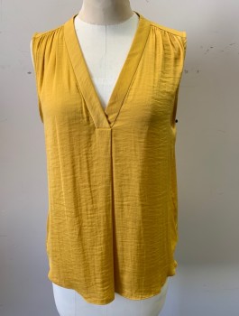 VINCE CAMUTO, Mustard Yellow, Polyester, Solid, Pullover, Sleeveless, V-neck, Gathered at Shoulders