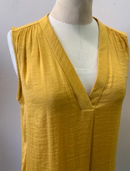 VINCE CAMUTO, Mustard Yellow, Polyester, Solid, Pullover, Sleeveless, V-neck, Gathered at Shoulders